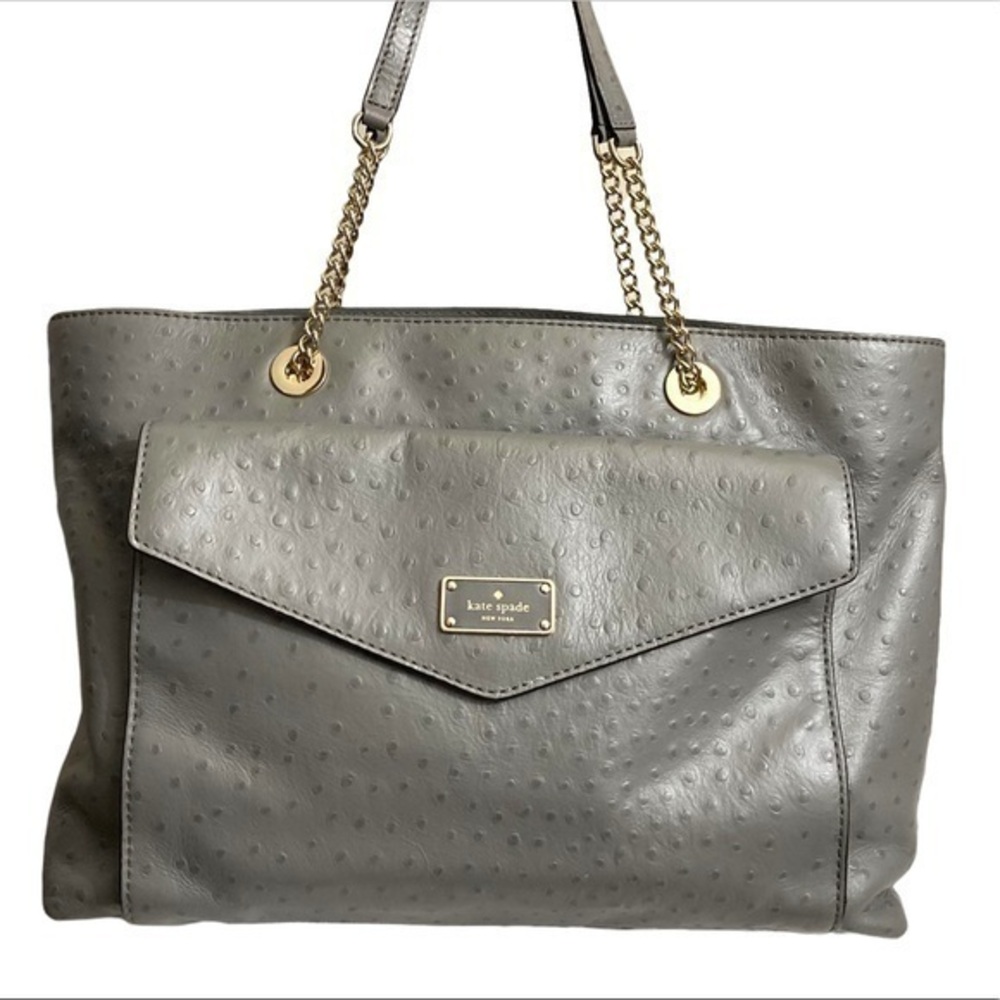 Are shade gray leather ostrich embossed envelope tote bag